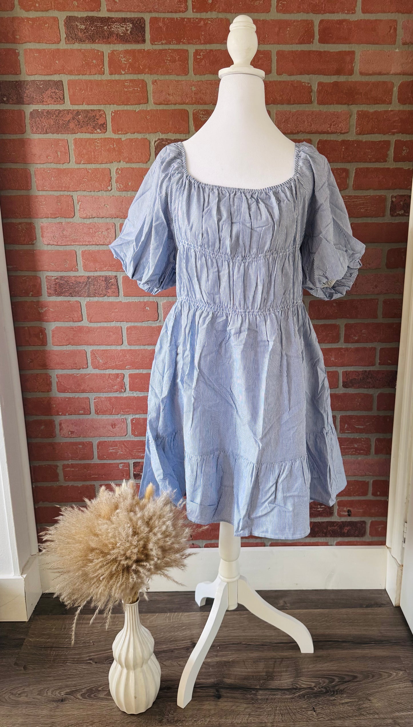 Blue and white striped dress