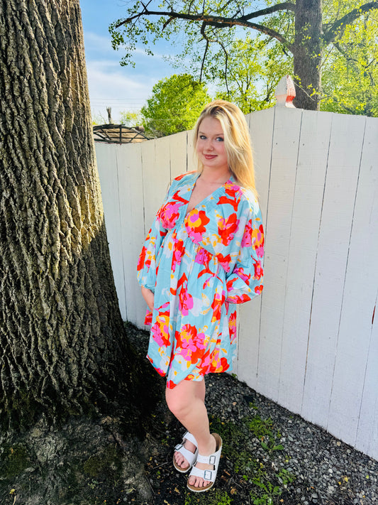 Blue floral long sleeve dress